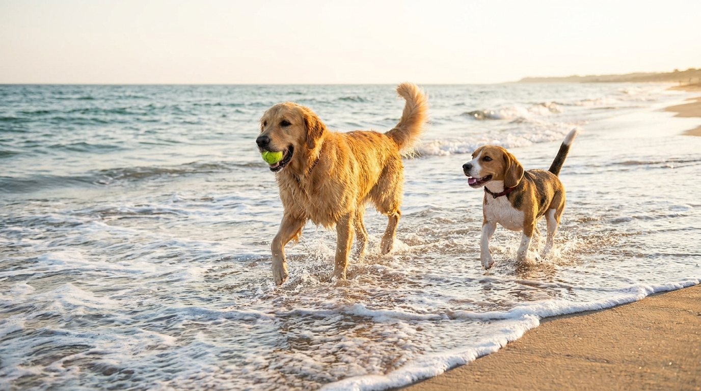Golden retriever and beagle playing together on a sunny beach